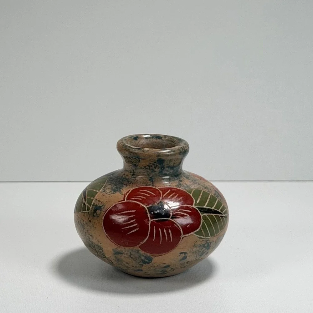 Vintage Floral‎ Pottery Bud Vase Small Multicolor Etched Folk Art Hand Painted